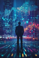 Wall Mural - a man stands in front of a city skyline with a futuristic look