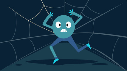 Wall Mural - Web Encounter A side view of a character caught midstride one foot raised as they walk into a large exaggeratedly cartoonish spider web depicted as a large intricate pattern in the