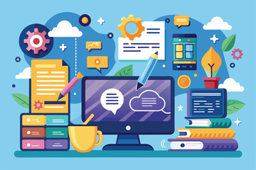 a vibrant workspace showcases programming enhancements through scripting tools, coding books, and de