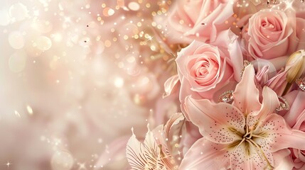 Canvas Print - a delicate floral arrangement with pink roses and lilies in a shimmering light.