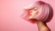 ©  zikakant - A stunning profile shot showcasing a model with soft pink hair against a smooth pastel background, exuding beauty and elegance in a serene atmosphere.