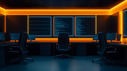 cybersecurity control room in a modern tech hub data monitoring and management environment