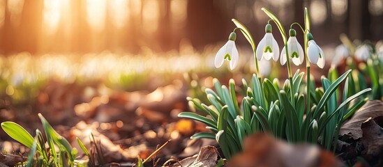Poster - Lush green snowdrops with vibrant white petals in a sunlit woodland setting earthy tones and soft sunlight creating a fresh spring ambiance