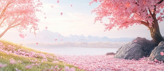 Poster - Tranquil landscape showcasing vibrant pink Someiyoshino cherry blossoms in full bloom against a serene lake and distant mountains at sunset.