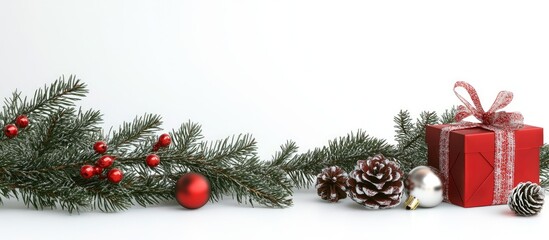 Aufkleber - Festive Christmas border with green fir branches red baubles pine cones and a red gift wrapped in ribbon on a clean white background.