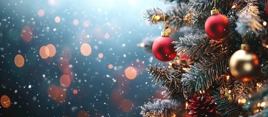 Poster - Christmas tree branches adorned with red and gold ornaments on a blurred background of blue and soft bokeh lights creating a festive atmosphere