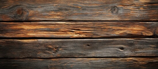 Aufkleber - Textured aged wooden planks in warm brown tones with deep grooves and knots positioned horizontally for a rustic natural background.