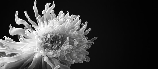 Leinwandbilder - Monochromatic close-up of a white anemone flower against a sleek black background showcasing intricate petal details and textures.