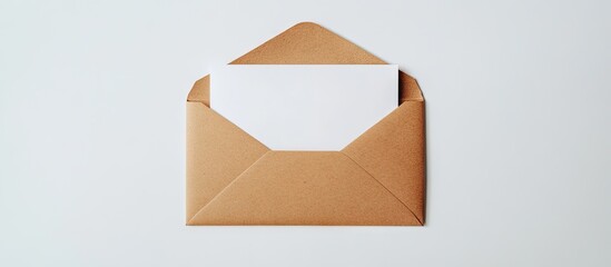 Aufkleber - Horizontal mockup of a blank white greeting card resting inside a brown craft paper envelope positioned centrally on a light gray background.