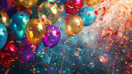 Wall Mural - a festive scene with colorful balloons and confetti floating in the air.