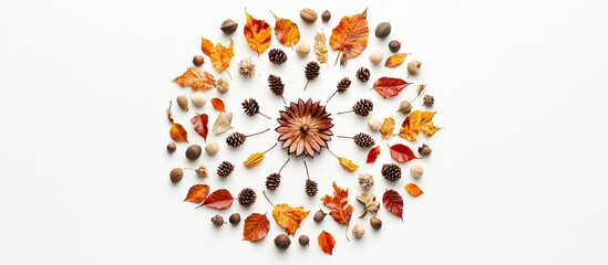 Aufkleber - Autumn mandala made from colorful leaves cones chestnuts and acorns arranged circularly on a bright white background flat lay view.