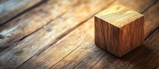 Aufkleber - Wooden cube positioned on the right of a textured vintage wood background with warm brown tones and ample copyspace on the left side.