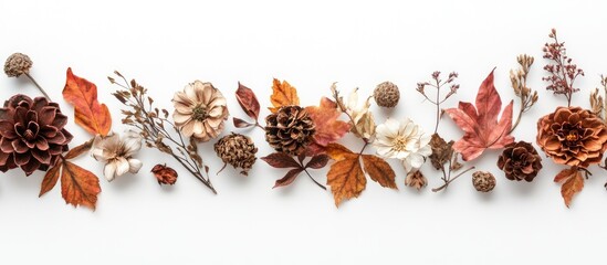 Aufkleber - Autumn inspired flat lay featuring a variety of dried flowers leaves and plants in warm earthy tones arranged on a crisp white background