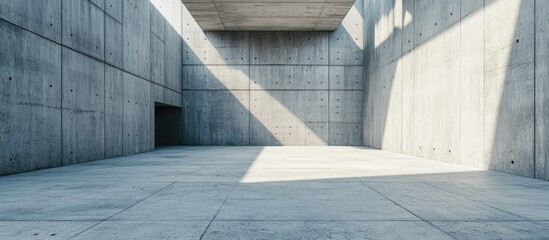 Poster - Empty contemporary interior space featuring gray concrete walls and floor with dramatic light shadows, emphasizing minimalist architectural design.