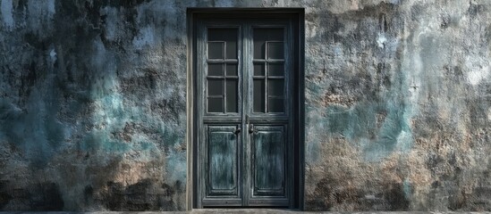 Poster - Weathered green wooden door with four glass panes, centered against a textured, peeling wall in shades of blue and gray, creating a rustic ambiance.