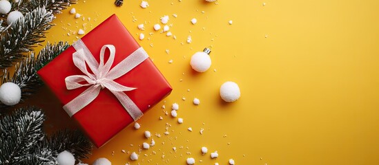 Aufkleber - Red gift box adorned with white ribbon resting on a vibrant yellow background surrounded by white snowballs and pine branches for festive decoration.