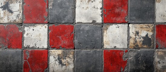 Aufkleber - Aged road background featuring a grid of weathered gray and red tiles with visible wear and textures in a horizontal layout.