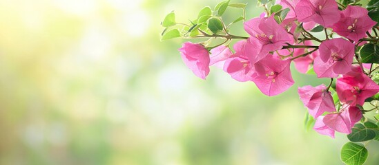 Aufkleber - Vibrant pink bougainvillea flowers cascading from the left with soft blurred light green background creating a serene and fresh atmosphere