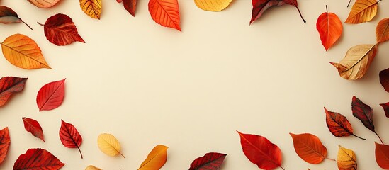 Aufkleber - Vibrant autumn leaves in red, orange, and yellow arranged in a circular frame on a neutral beige background with ample copyspace for fall season design.