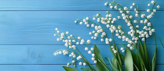 Aufkleber - Delicate white lilies of the valley blossom elegantly on a vibrant blue wooden background with lush green leaves framing the composition.