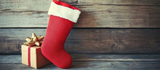 Aufkleber - Red Christmas stocking with white fur cuff hanging next to a gold gift box adorned with a ribbon on a rustic wooden surface in vintage style.