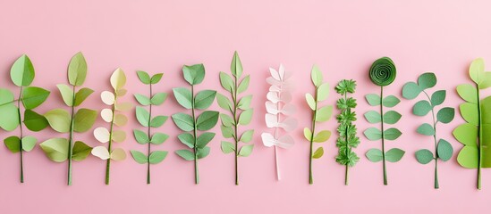 Poster - Colorful paper leaves in varying shades of green arranged neatly on a soft pink background showcasing natural textures and intricate details.