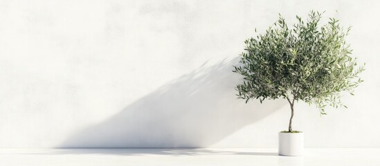 Aufkleber - Olive tree in a white pot on a bright surface against a minimalist white wall casting a long shadow creating a serene and peaceful atmosphere