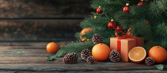 Aufkleber - Festive Christmas tree adorned with red ornaments, fresh oranges, and pine cones beside a wrapped gift on a rustic wooden surface