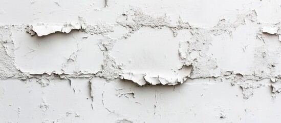 Aufkleber - Peeling white paint on a textured concrete wall displays irregular patches and rough surface details in a horizontal layout showcasing weathered beauty.