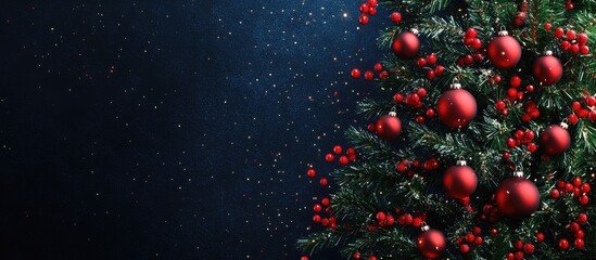 Poster - Christmas tree with red ornaments on the right against a dark blue background with falling snowflakes and ample space for text on the left