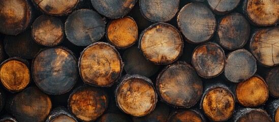 Leinwandbilder - Texture of stacked cut logs in earthy brown tones with circular patterns and a subtle wood grain, ideal for rustic backgrounds and copy space.