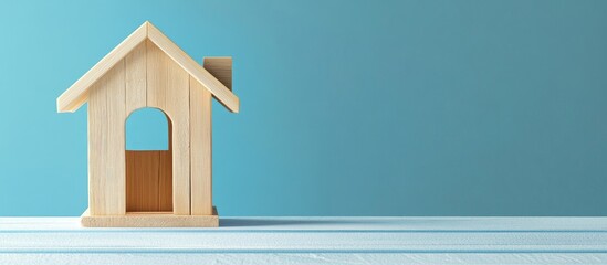 Fototapete - Wooden carved house positioned on a white surface against a light blue background with ample copy space for text or branding elements