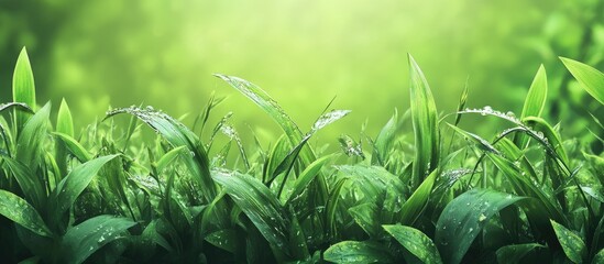 Leinwandbilder - Lush green grass backdrop with vibrant blades and dew droplets glistening in soft light creating a serene natural atmosphere.