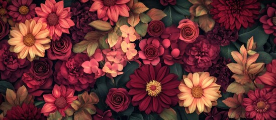 Aufkleber - Rich floral background with vibrant red and yellow flowers scattered across the dark green canvas, offering ample copy space at the center.