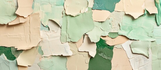 Leinwandbilder - Collage of textured ripped paper pieces in soft green and beige hues arranged in an abstract pattern with torn edges enhancing artistic depth