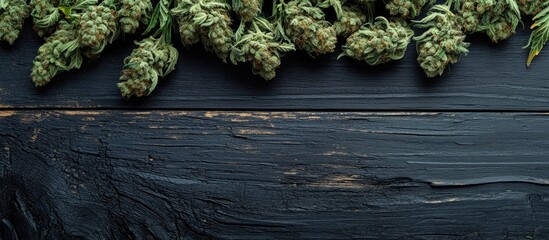 Wall Mural - close up of fresh green cannabis buds arranged on a textured black wood surface with ample copy spac