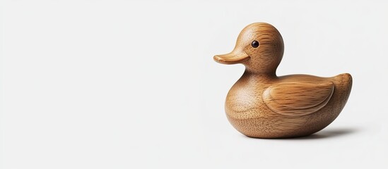 Poster - Wooden duck figurine in natural wood tones positioned right on a clean white background emphasizing simplicity and craftsmanship