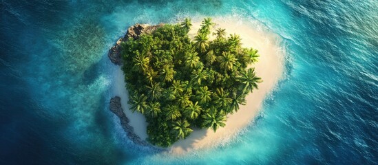 Aufkleber - Lush tropical island with dense green palm trees surrounded by turquoise waters and golden sandy shores captured from an aerial view