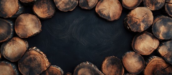 Aufkleber - Textured background of circular cut logs in brown tones framing a dark black space in the center create a rustic and natural aesthetic ideal for design.