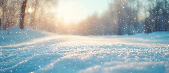 Aufkleber - Winter snow landscape with soft sunlight filtering through blurred trees creating a serene chilly atmosphere on a snowy ground.