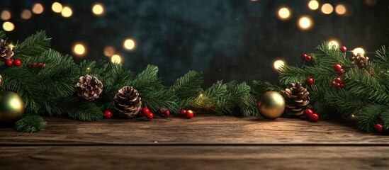 Aufkleber - Christmas table setting featuring fir branches, pine cones, red berries, and golden ornaments on a wooden surface with warm bokeh lights in the background