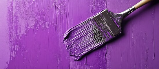 Aufkleber - Purple paint stroke texture on a wall with a brush positioned diagonally, vibrant deep purple color creating an artistic abstract effect.