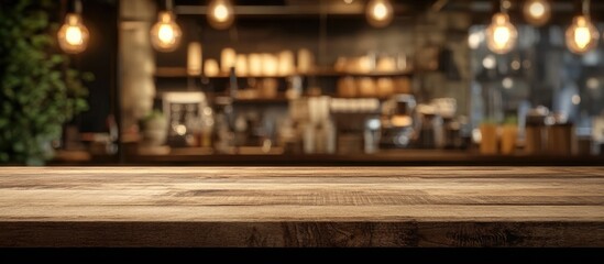 Poster - Wooden tabletop in warm brown hues positioned centrally with a soft blurred coffee shop background featuring glowing pendant lamps for product showcase.