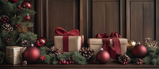 Aufkleber - Elegant Christmas decor arrangement with gifts in gold and burgundy, pinecones, and ornaments on wooden background with ample copy space.