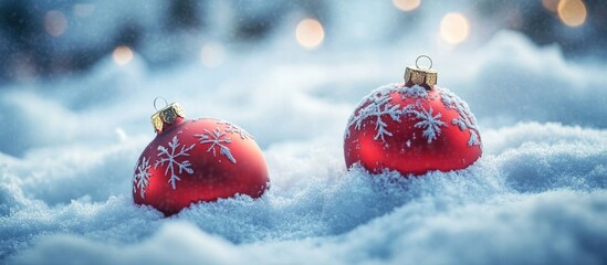 Aufkleber - Red Christmas ornaments with white snowflake designs nestled in soft, white snow against a blurred winter background with soft warm bokeh lights.