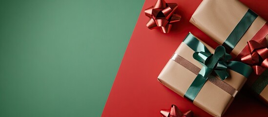 Aufkleber - Elegant gold wrapped gifts with teal ribbons and red bows placed on a split background of red and green, creating a festive atmosphere.