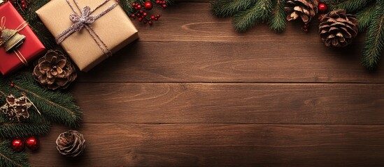 Aufkleber - Festive Christmas gifts in red and gold stacked on a wooden surface framed by pine branches, pinecones, and red berries on either side.
