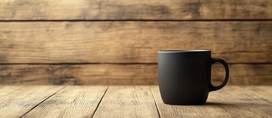 Fototapete - Black coffee cup on a wooden table with a warm brown hue, positioned to the right side, capturing morning light for a cozy atmosphere.