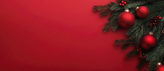 Poster - Red Christmas ball decorations and evergreen branches arranged in a minimalist flat lay on a vibrant red background with ample copy space