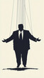 © LucyJ - A powerful political or businessman is shown in silhouette with visible puppet or marionette strings, suggesting that he is controlled by an unseen puppet master. Vertical portrait format, copy space
